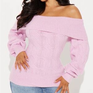 Off-Shoulder Pink Cable Knit Sweater